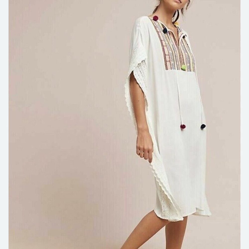 Anthropologie Embroidered White Kaftan Dress cover up Pom poms